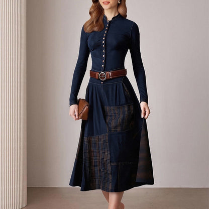 Damen Elegantes Midi-Kleid Knopfleiste Kontrastdetails