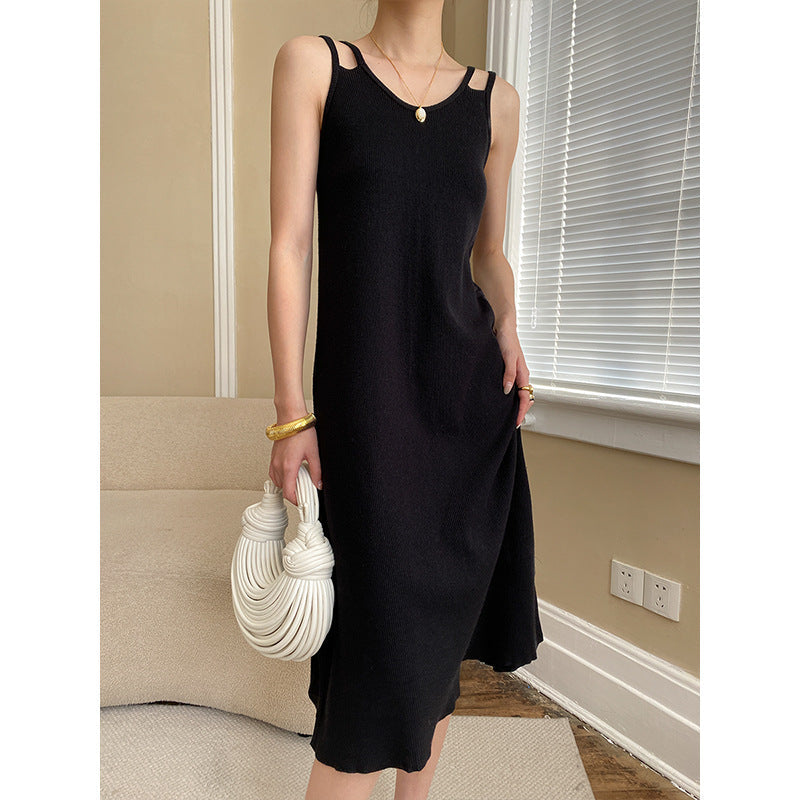 Damen Midikleid Weiches Material Trägerdetails Schwarz - Eveloria