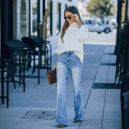 Damen Bootcut Jeans Hochbund Weit Fransen Eveloria