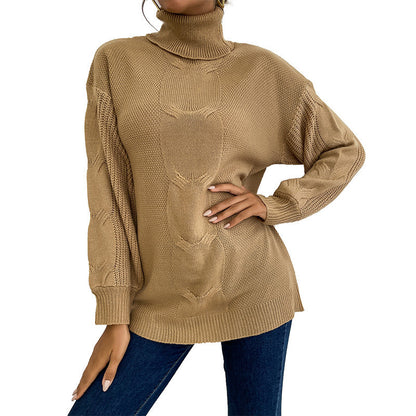 Damen Pullover Grobstrick Hochkragen Beige Eveloria