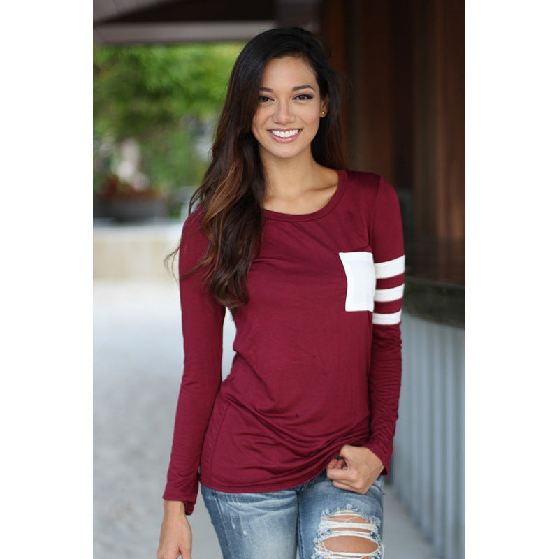 Damen Langarmshirt Kontraststreifen Abgesteppte Brusttasche Eveloria