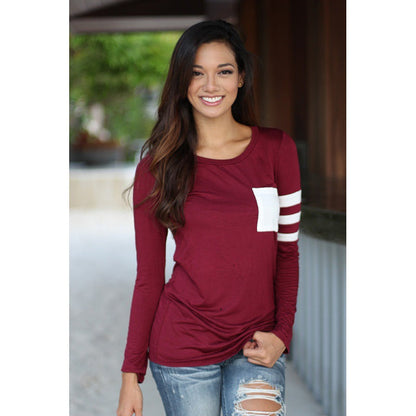 Damen Langarmshirt Kontraststreifen Abgesteppte Brusttasche Eveloria