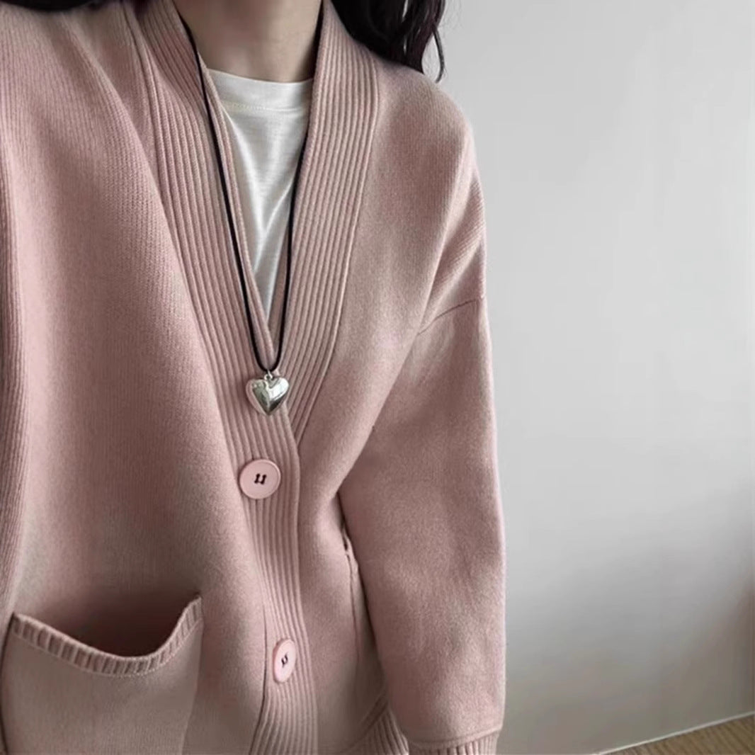 Damen Strickjacke V-Ausschnitt mit Taschen