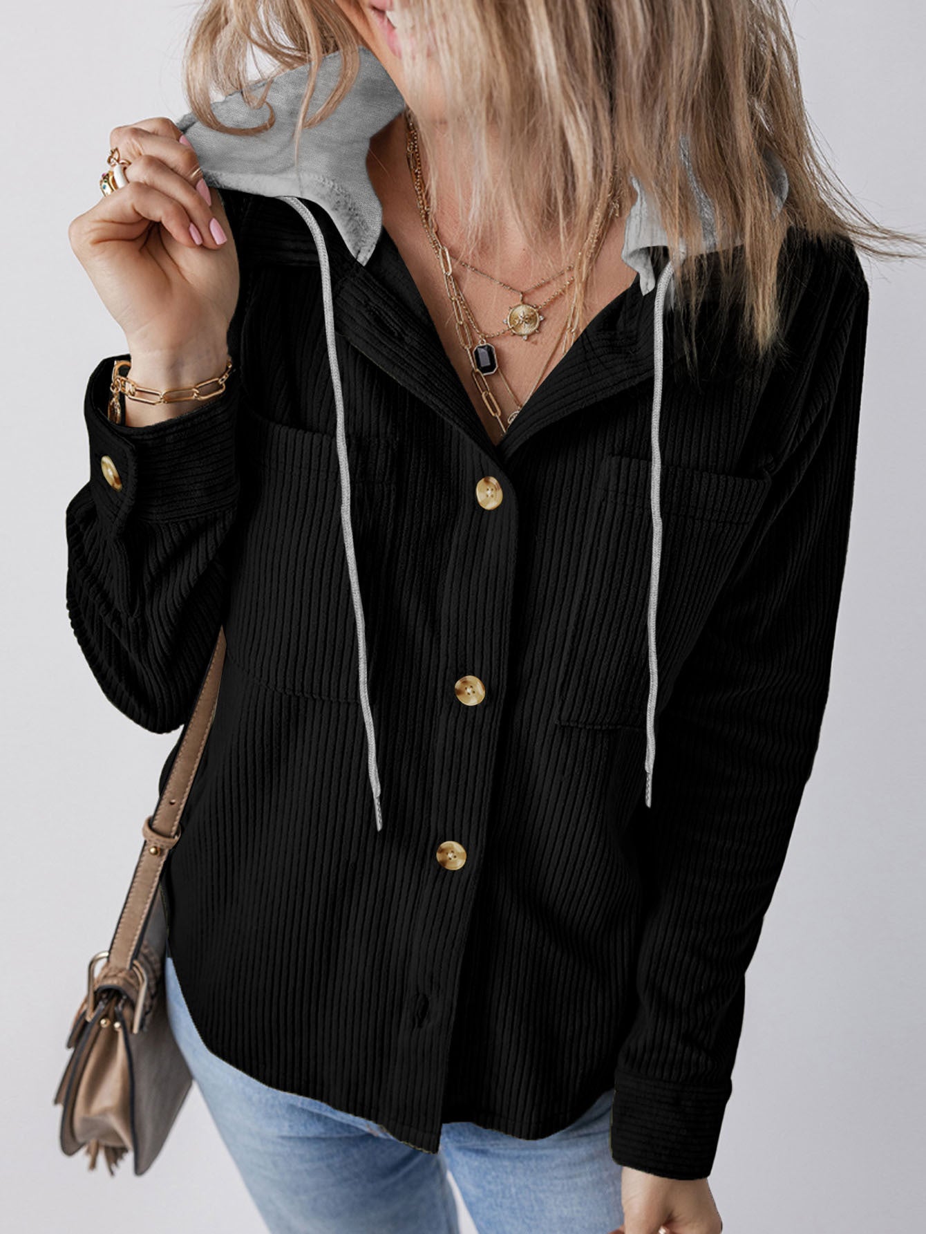 Damen Hemdjacke Gestreift Kapuze Taschen Eveloria
