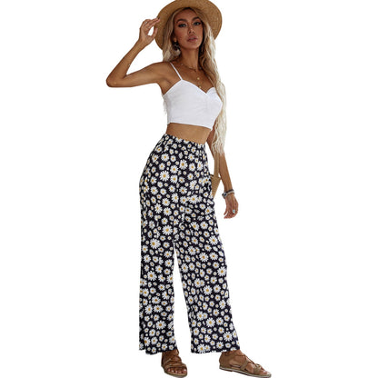 Damen Sommerhose Florales Design Elastischer Bund Beige