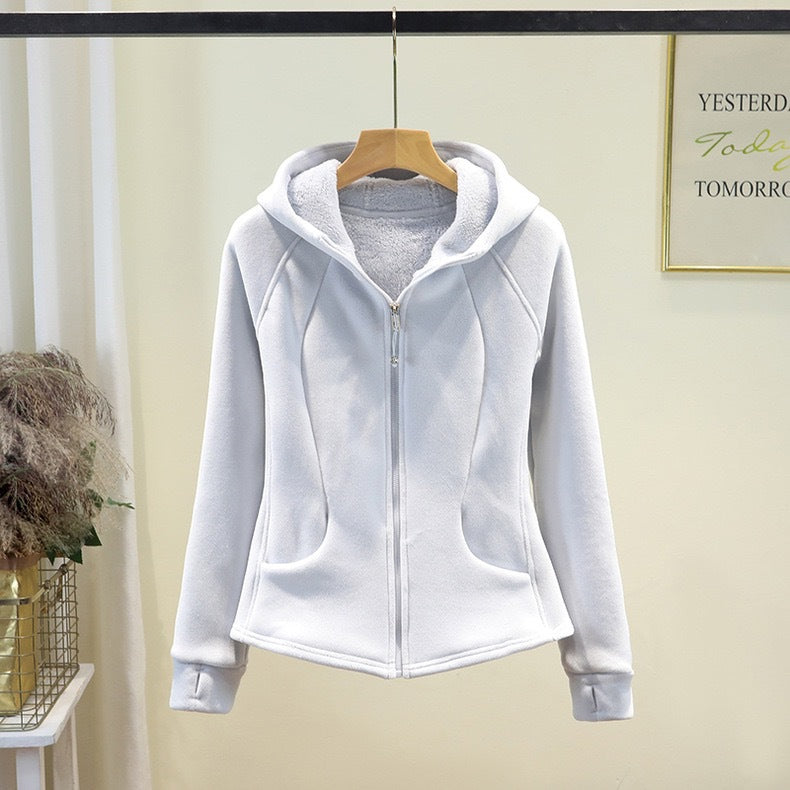 Damen Fleecejacke mit Reißverschluss und Kapuze Beige