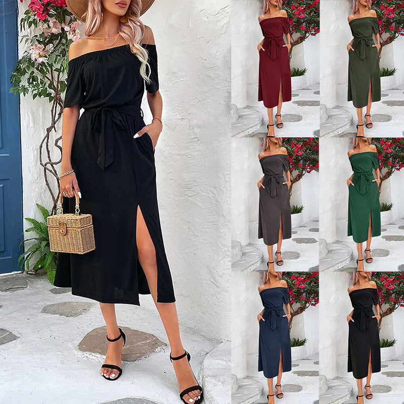 Damen Maxikleid Off-Shoulder mit Schlitz und Taillengürtel Elegantes - Eveloria