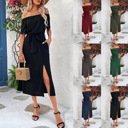 Damen Maxikleid Off-Shoulder mit Schlitz und Taillengürtel Elegantes - Eveloria