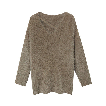 Damen Pullover V-Ausschnitt Weiches Material Beige
