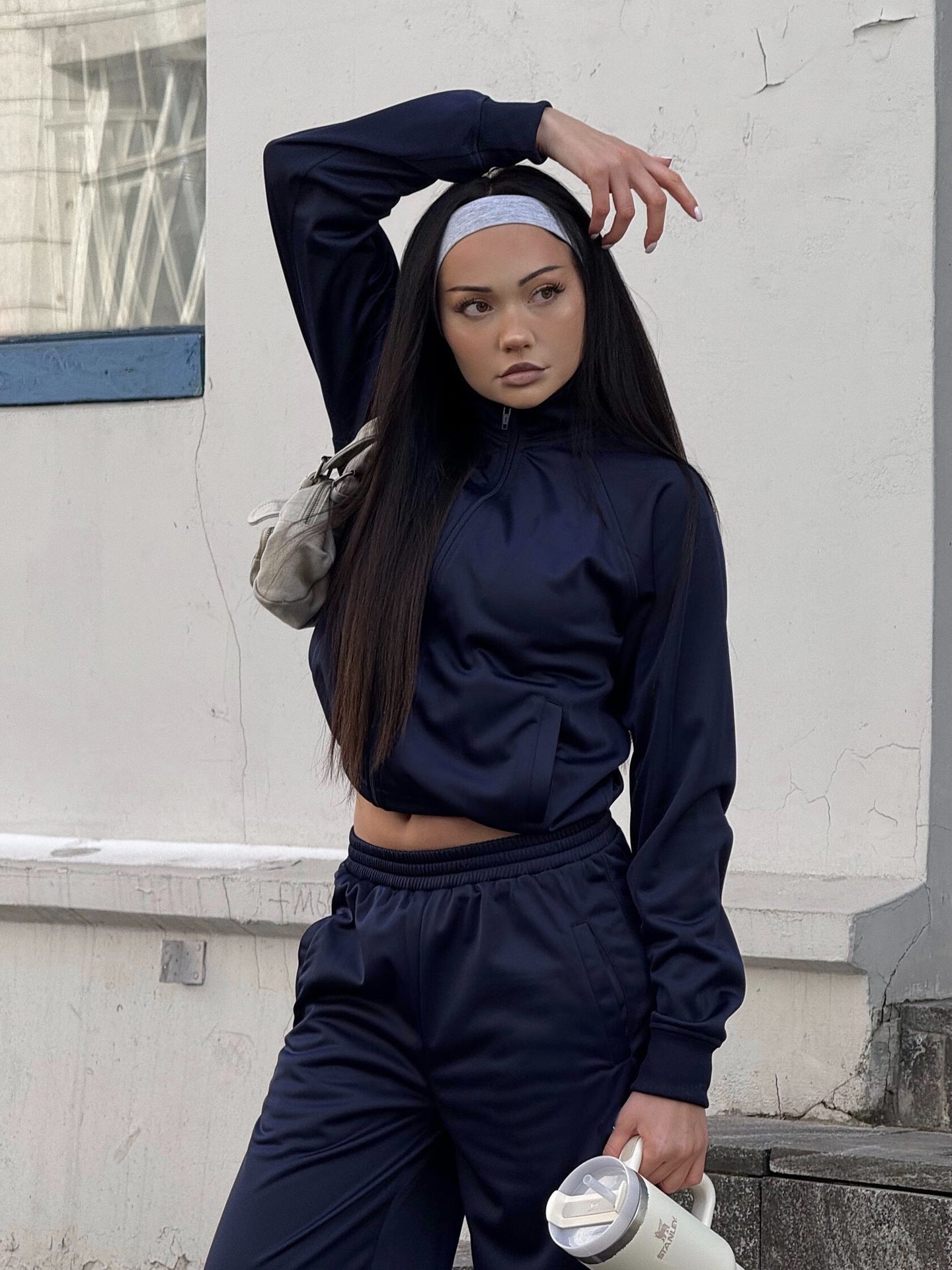 Damen Sportlicher Zweiteiler Cropped Jacke Elastische Jogginghosen