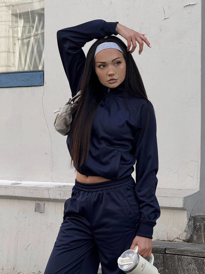 Damen Sportlicher Zweiteiler Cropped Jacke Elastische Jogginghosen