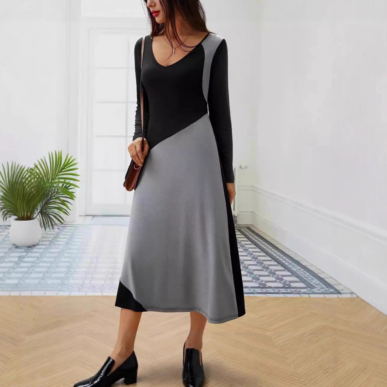 Damen Langarm-Kleid Figurbetont Moderner Schnitt Farbeinteilungen - Eveloria