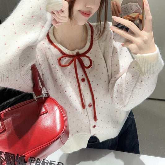 Damen Strickjacke mit Punkten und Schleife - Eveloria