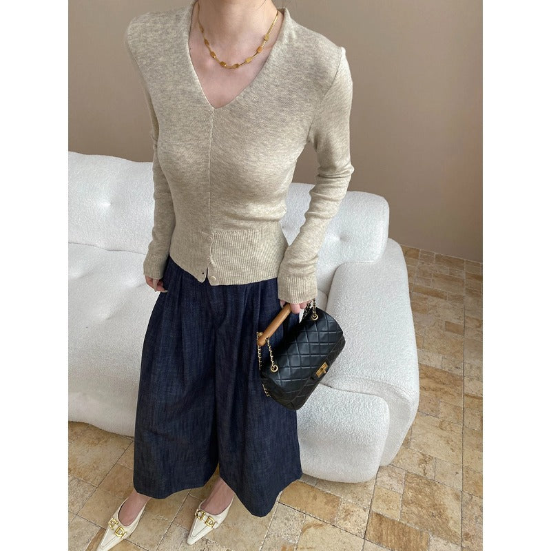 Damen Strickpullover V-Ausschnitt Feinripp mit Knöpfen und schmalen