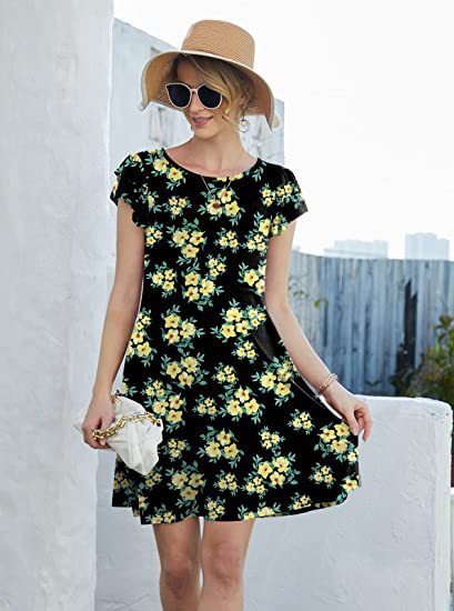 Damen Blumenkleid Sommer Rüschendetails schwingender Rock Eveloria
