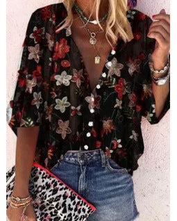 Damen Bluse Transparent mit Floralem Stickerei Übergroß Eveloria