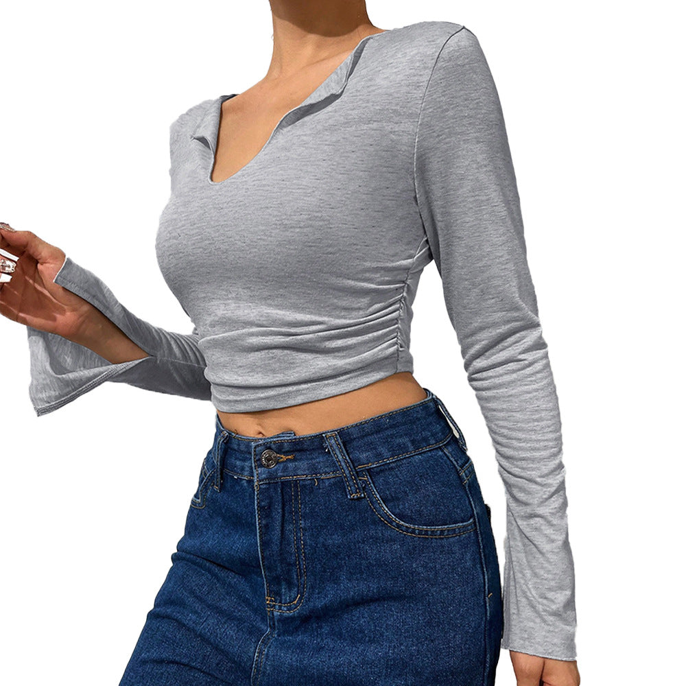 Damen Langarmshirt Trompetenärmel V-Ausschnitt Elegant