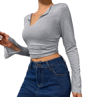 Damen Langarmshirt Trompetenärmel V-Ausschnitt Elegant