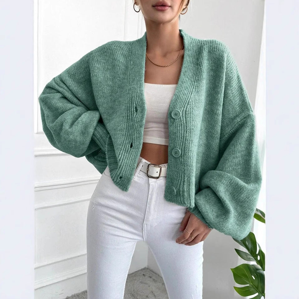 Damen Grobstrickcardigan Lässig Knöpfe Voluminöse Ärmel Beige