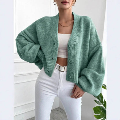 Damen Grobstrickcardigan Lässig Knöpfe Voluminöse Ärmel Beige