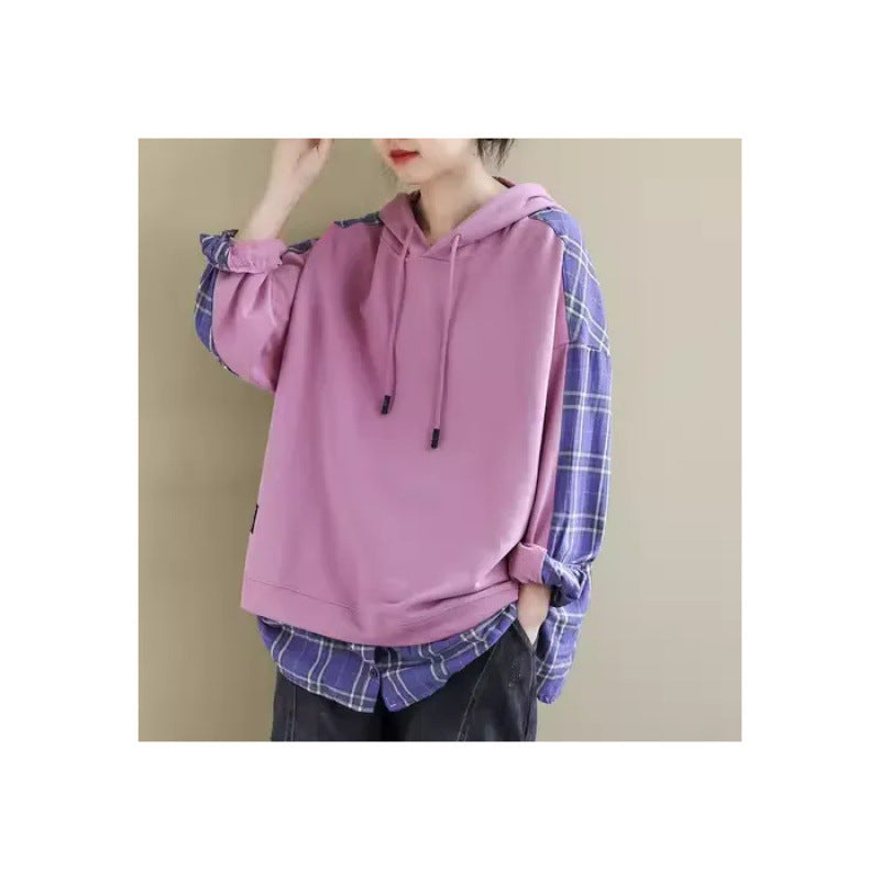 Damen Kapuzenpullover Karo Applikation Weich Innenfutter