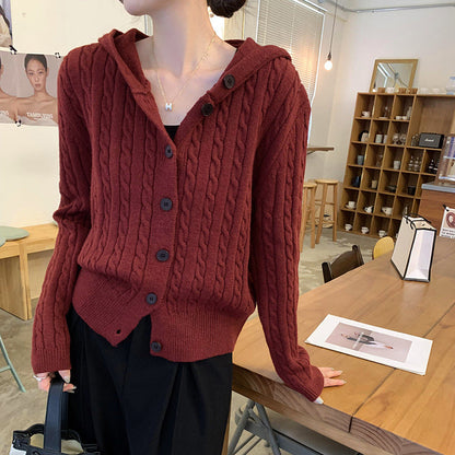 Damen Strickjacke Kapuze Knöpfe Beige