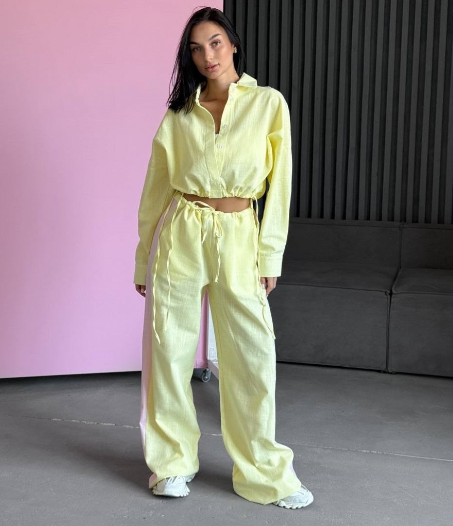 Damen Zweiteiler-Set Cropped Hemd Weite Hose Eveloria