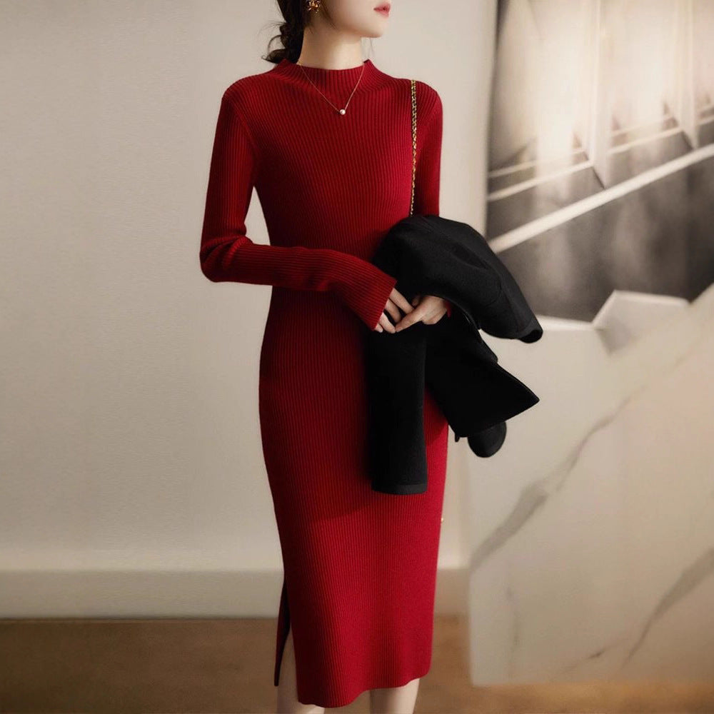 Damen Strickkleid Hochgeschlossener Kragen Feines Rippmuster Schwarz - Eveloria