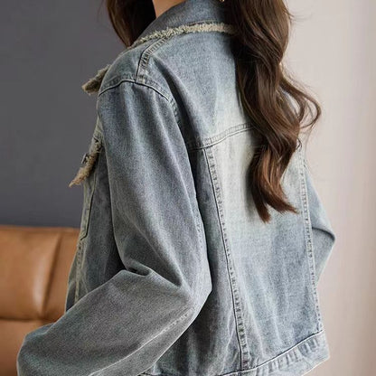 Damen Denimjacke Lässig Mit Fransen Blau