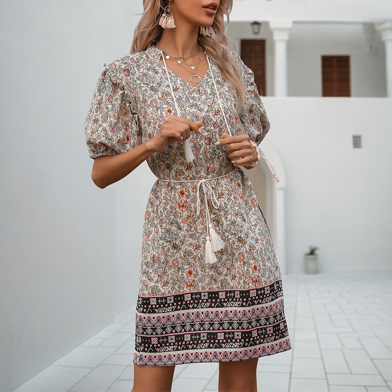 Damen Sommerkleid Rüschendetails Verstellbarer Taillenzug Eveloria
