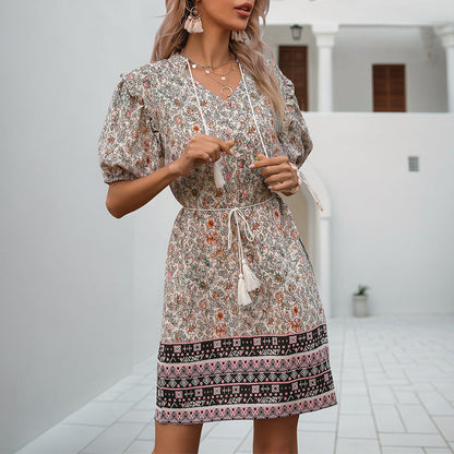 Damen Sommerkleid Rüschendetails Verstellbarer Taillenzug Eveloria