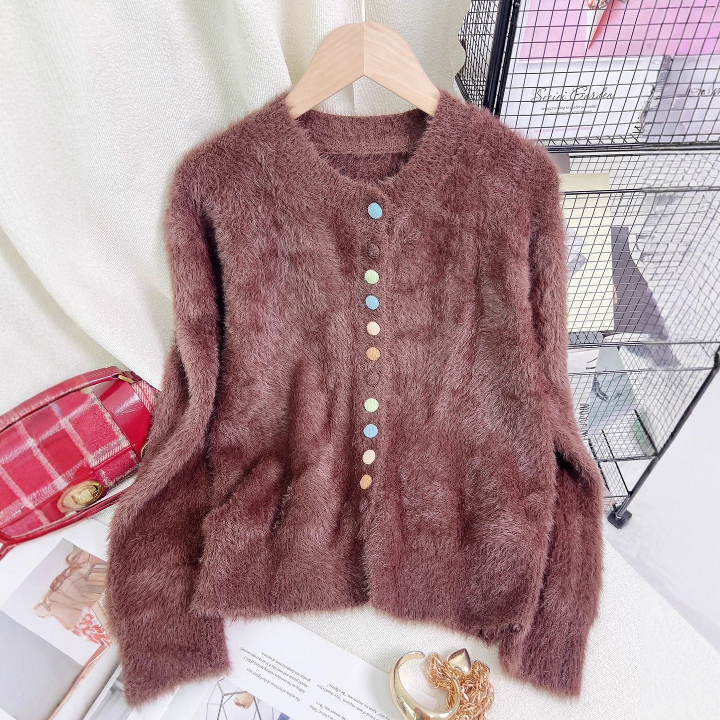 Damen Strickjacke Flauschig Bunt Geschnitten Eveloria