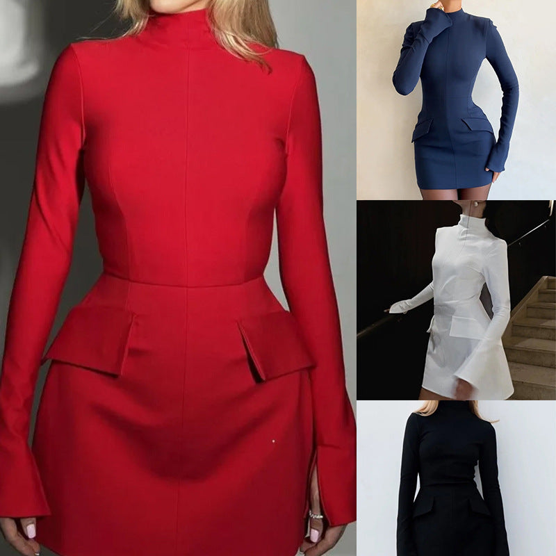 Eveloria Damenkleid Hochkragen Mit Taschen