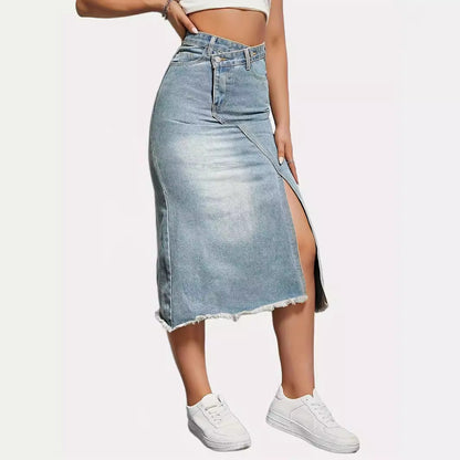 Damen Denim-Rock Asymmetrischer Schlitz Fransiger Saum Länglich
