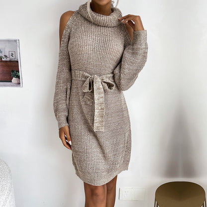 Damen Strickkleid Offene Schulter Taillengürtel Eveloria