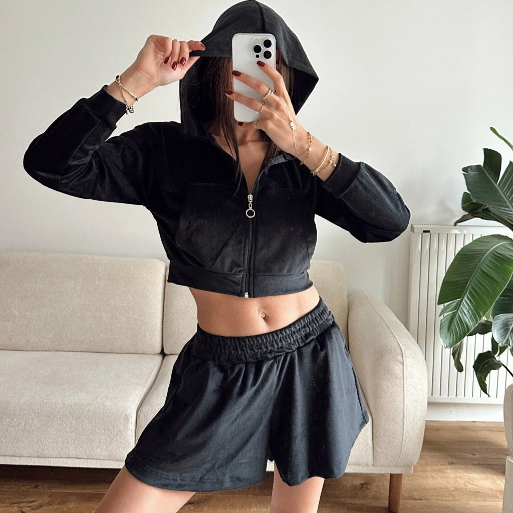 Damen Fleece-Set Cropped Hoodie Bequeme Shorts
