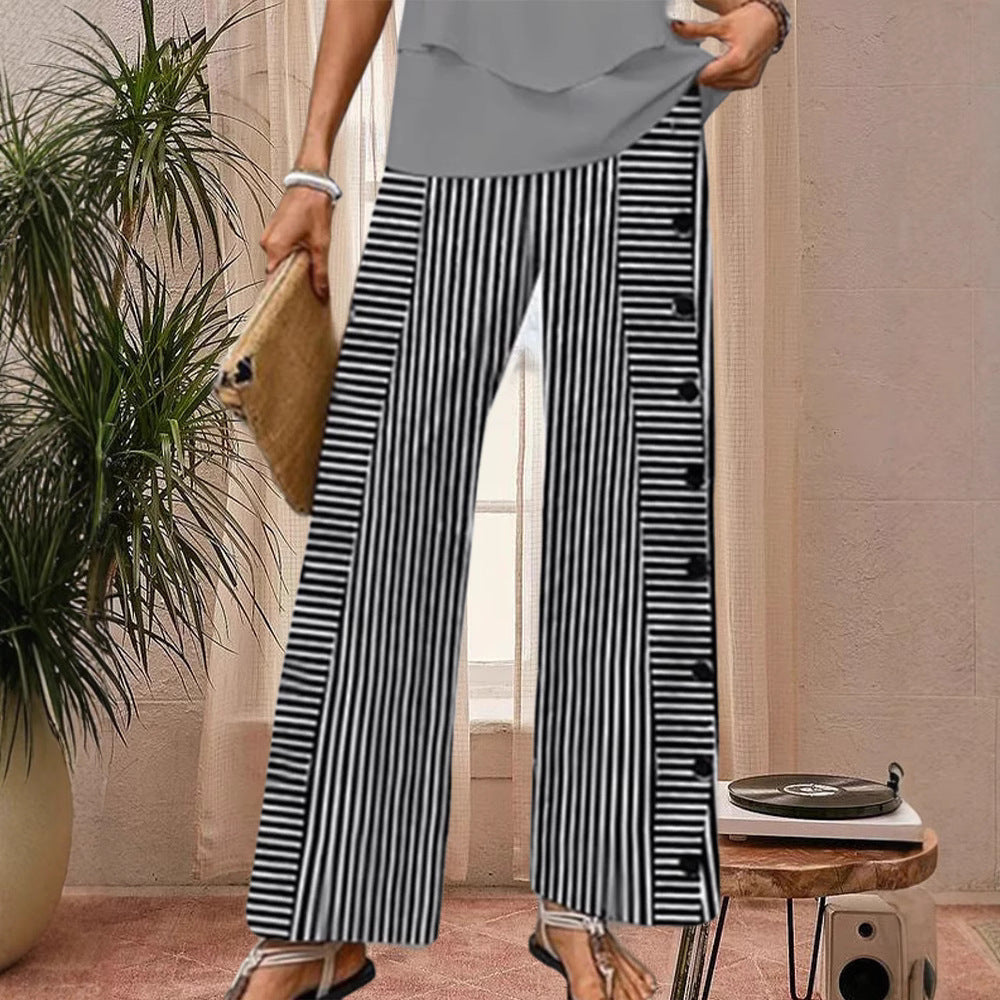 Damen Palazzo-Hose Streifen Weite Knopfdetails