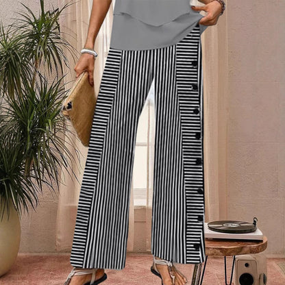 Damen Palazzo-Hose Streifen Weite Knopfdetails