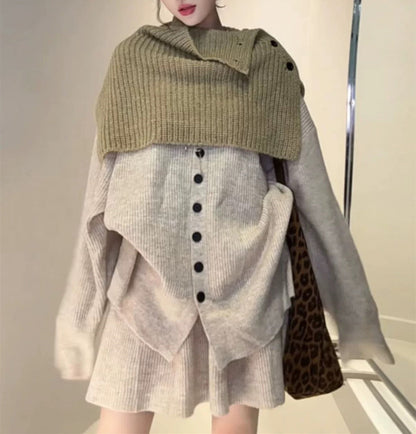 Damen Strickensemble Kragenlos Asymmetrisch Beige