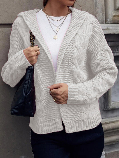 Damen Cardigan Grobstrick Kapuze Zopfmuster Beige