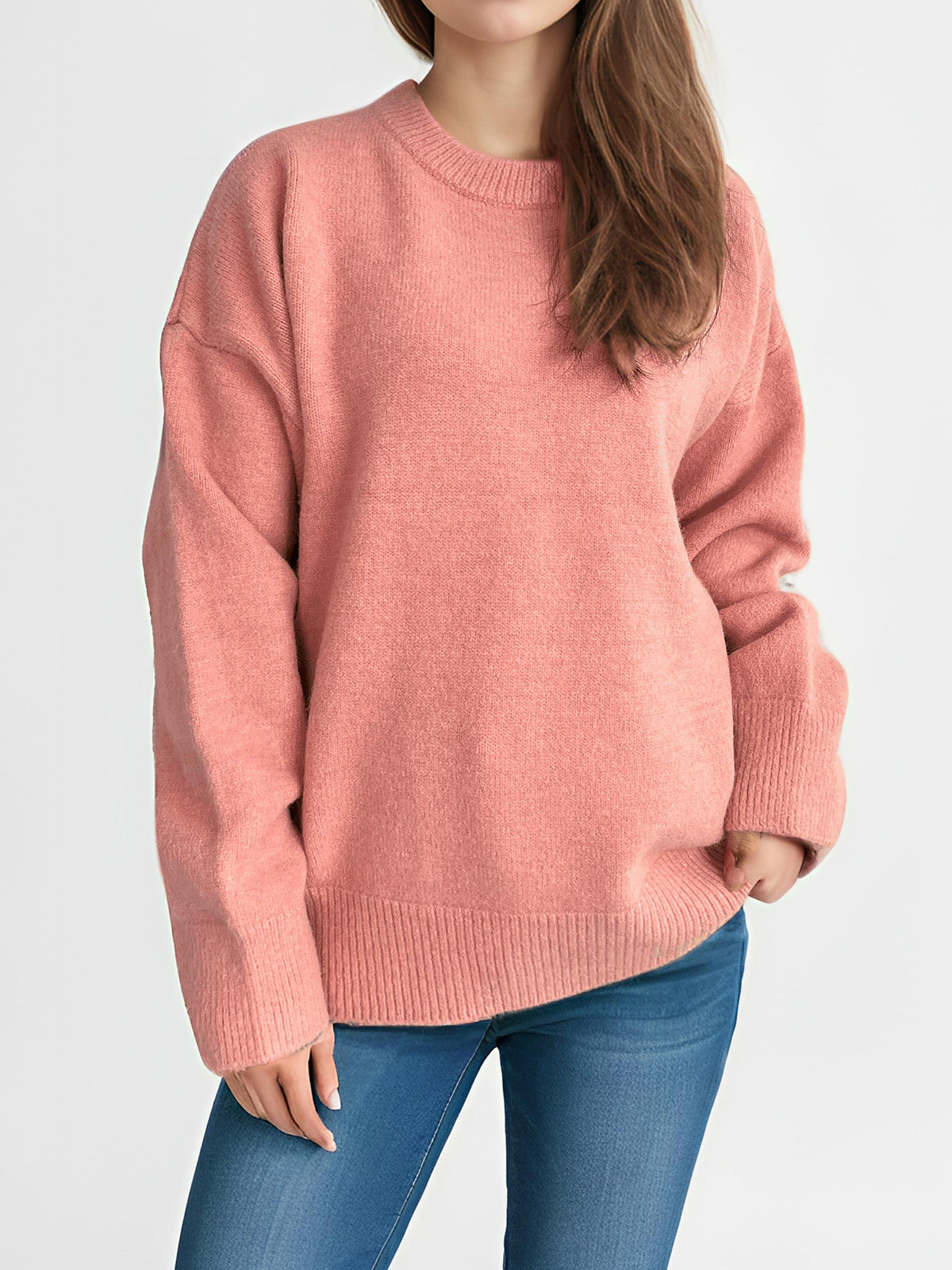 Damen Oversized Strickpullover Weicher Baumwollmix Lässig Beige
