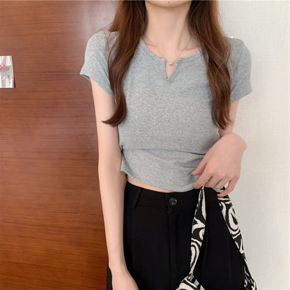 Damen T-Shirt Cropped Baumwolle Figurbetont Dunkelblau