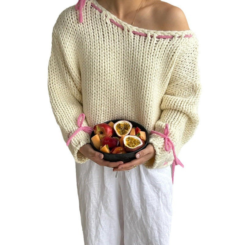 Damen Strickpullover Offene Schultern Kordelzug Beige