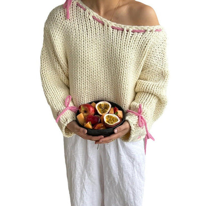 Damen Strickpullover Offene Schultern Kordelzug Beige