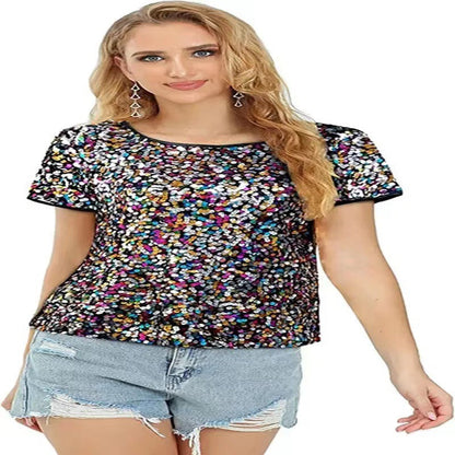 Damen T-Shirt aus Baumwolle mit Pailletten Glitzer Effekt Lässig