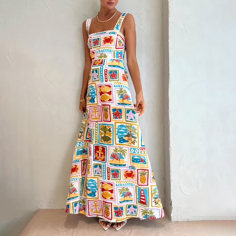 Damen Maxikleid mit buntem Print und schmalen Trägern Eveloria