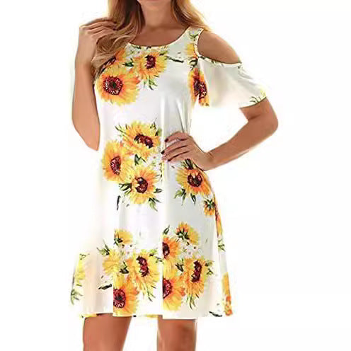 Damen Sommerkleid Floralmuster Schulterfrei Eveloria
