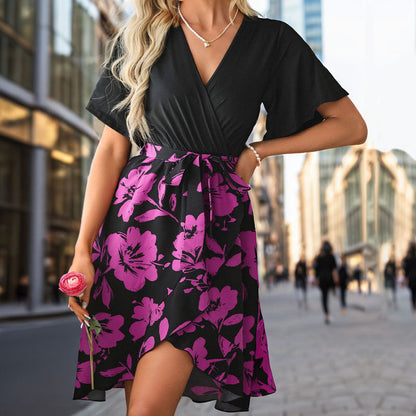 Eveloria Damen Wickelkleid Floralmuster Taillengürtel