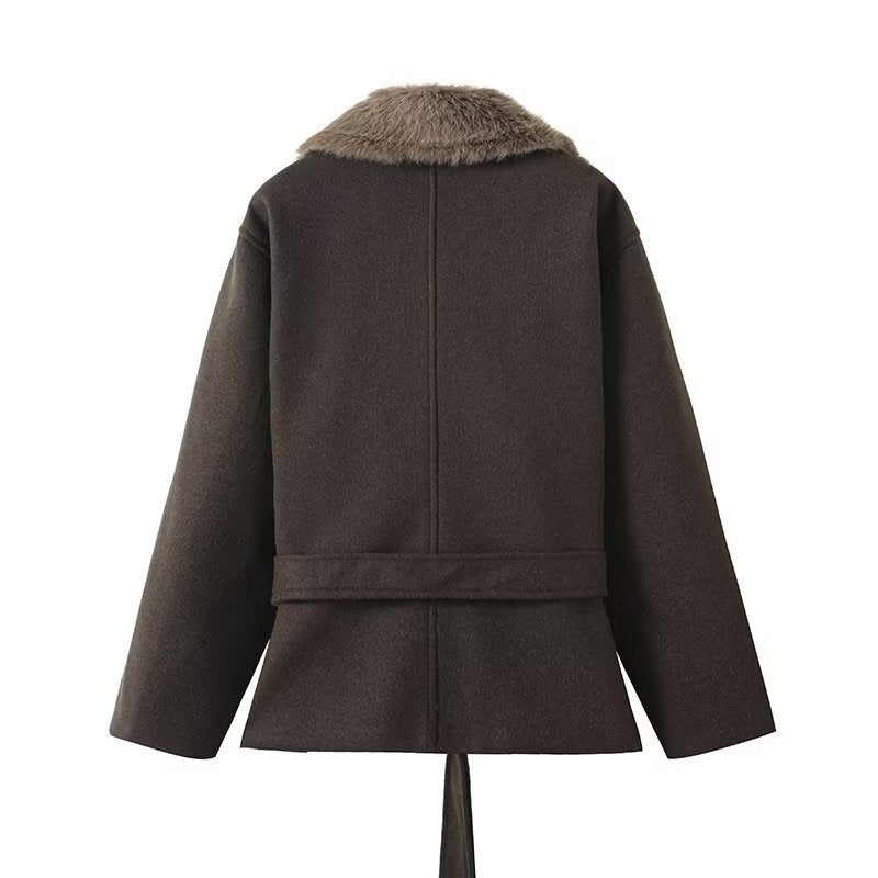 Damen Übergangsjacke Kunstfellkragen Taillengürtel Eveloria