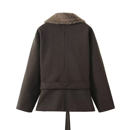 Damen Übergangsjacke Kunstfellkragen Taillengürtel Eveloria